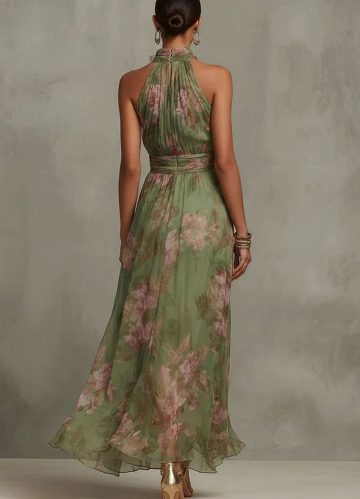 Women's Floral Halter-Neck Pleated Belted Midi Day Dress, Green