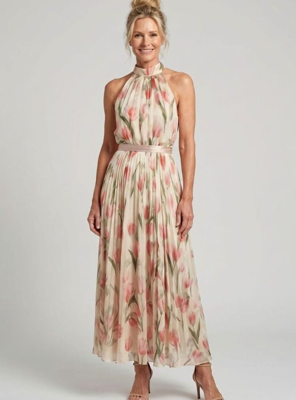 Women's Floral Halter Neck Pleated Chiffon Midi Dress
