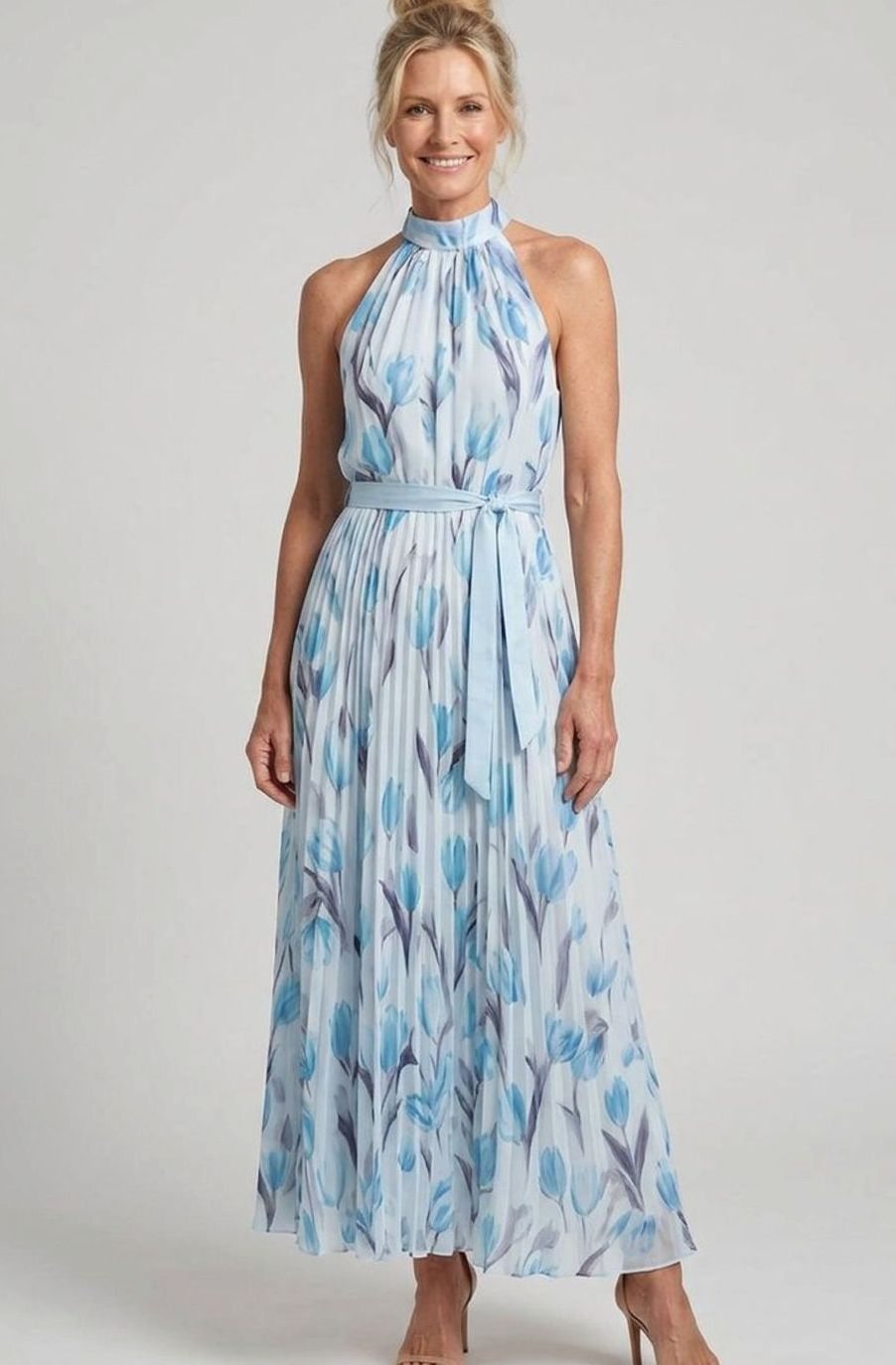 Women's Floral Halter Neck Pleated Chiffon Midi Dress