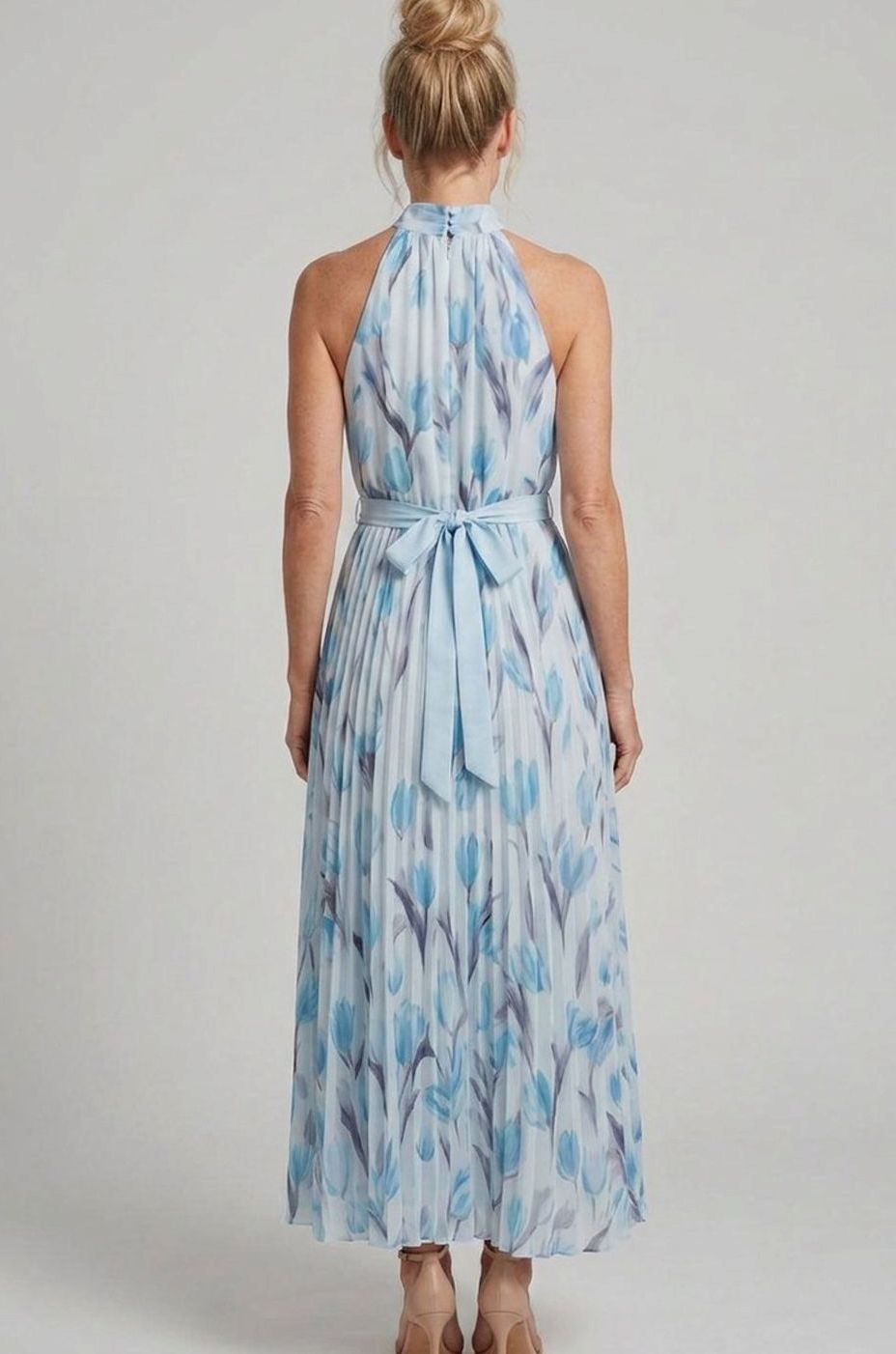Women's Floral Halter Neck Pleated Chiffon Midi Dress