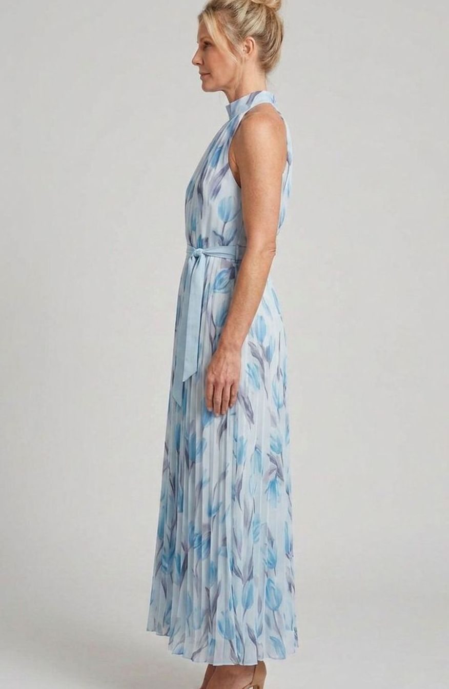 Women's Floral Halter Neck Pleated Chiffon Midi Dress