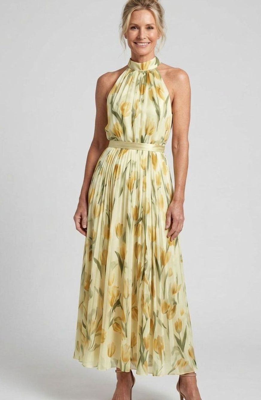 Women's Floral Halter Neck Pleated Chiffon Midi Dress