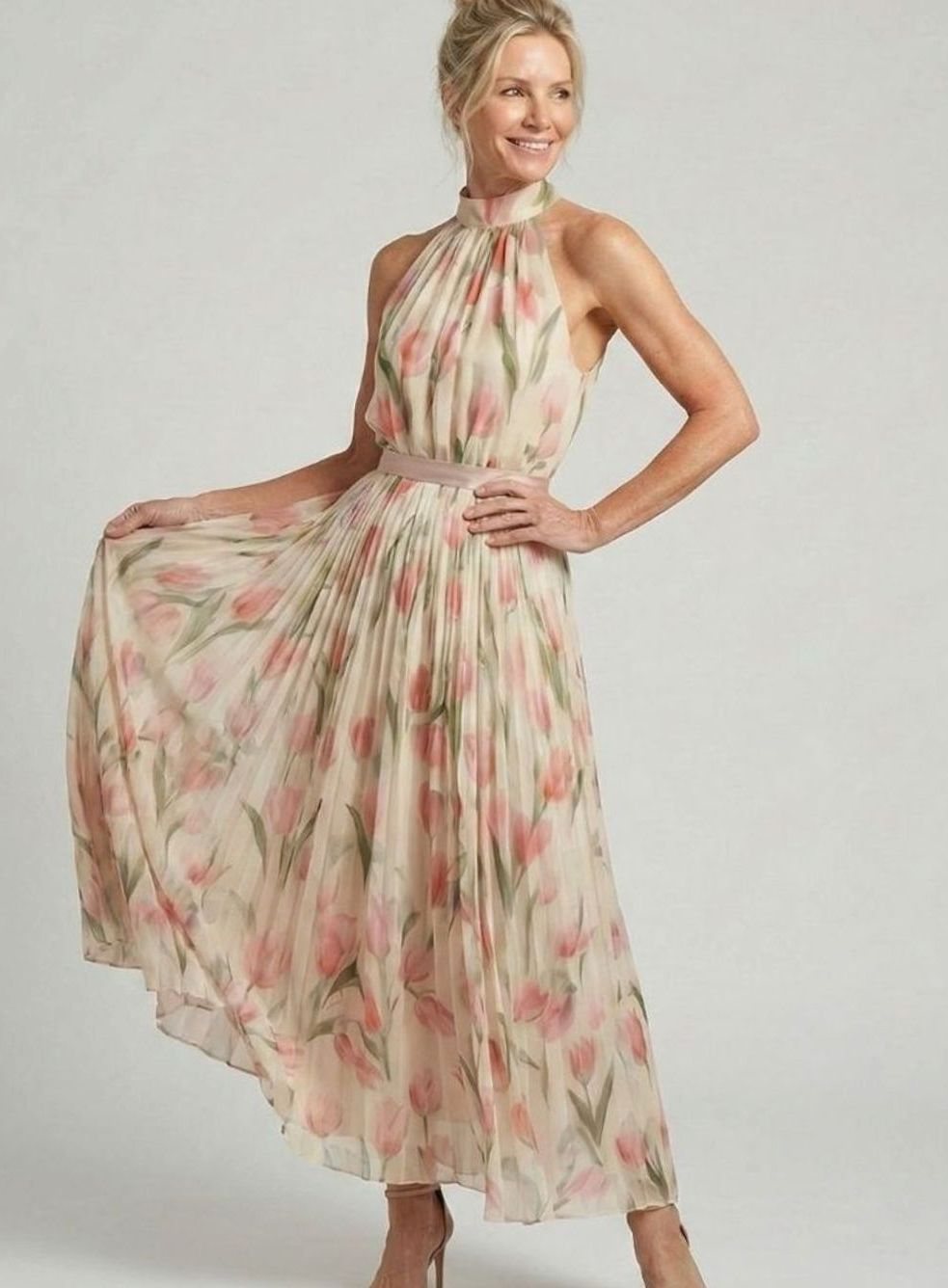 Women's Floral Halter Neck Pleated Chiffon Midi Dress