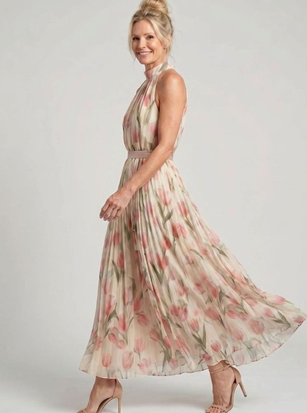 Women's Floral Halter Neck Pleated Chiffon Midi Dress