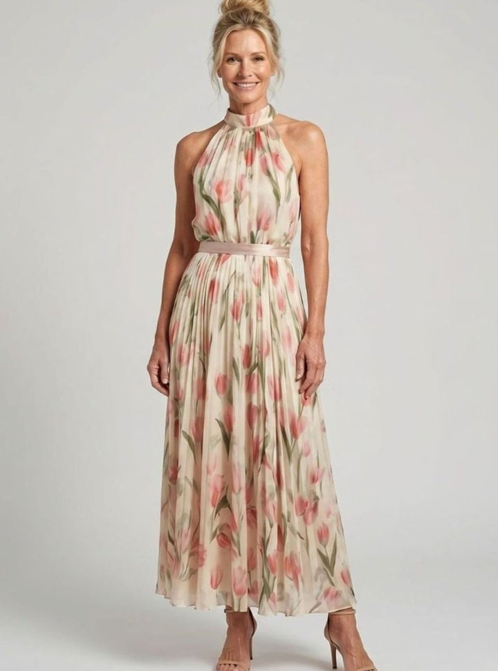 Women's Floral Halter Neck Pleated Chiffon Midi Dress, Cream