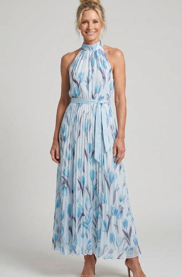 Women's Floral Halter Neck Pleated Chiffon Midi Dress, Cream