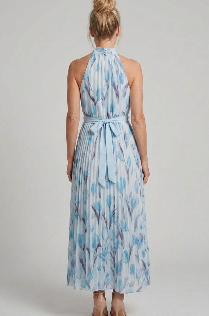 Women's Floral Halter Neck Pleated Chiffon Midi Dress, Cream