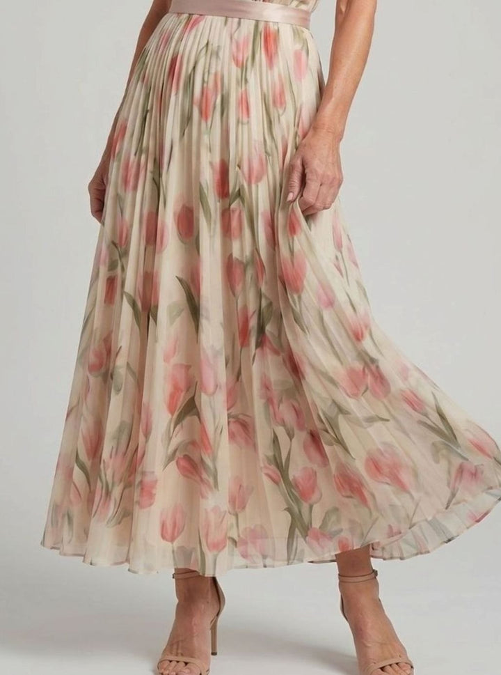 Women's Floral Halter Neck Pleated Chiffon Midi Dress, Cream