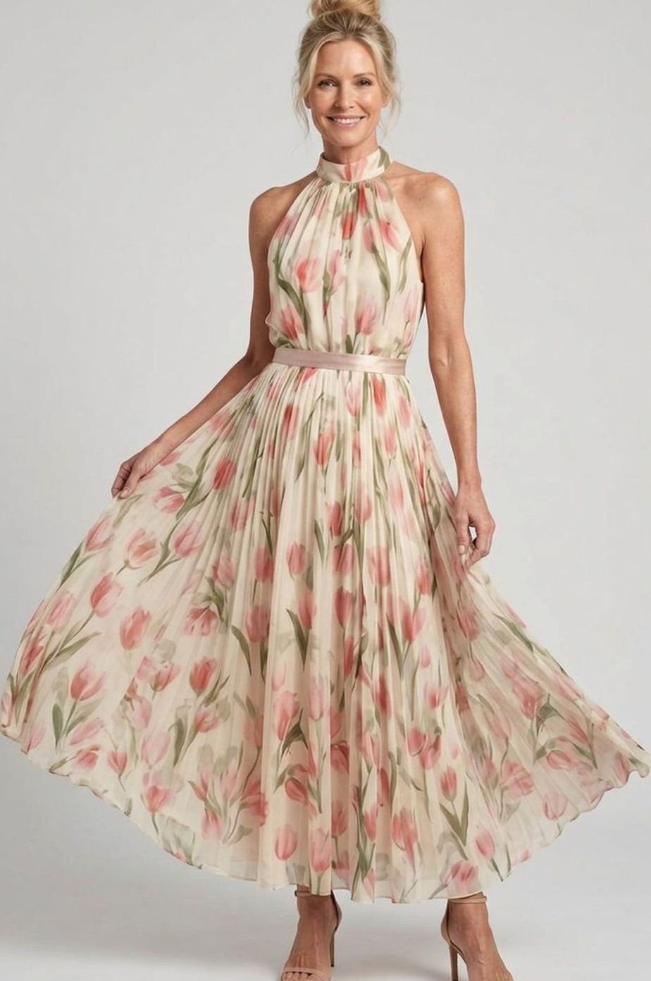 Women's Floral Halter Neck Pleated Chiffon Midi Dress, Cream