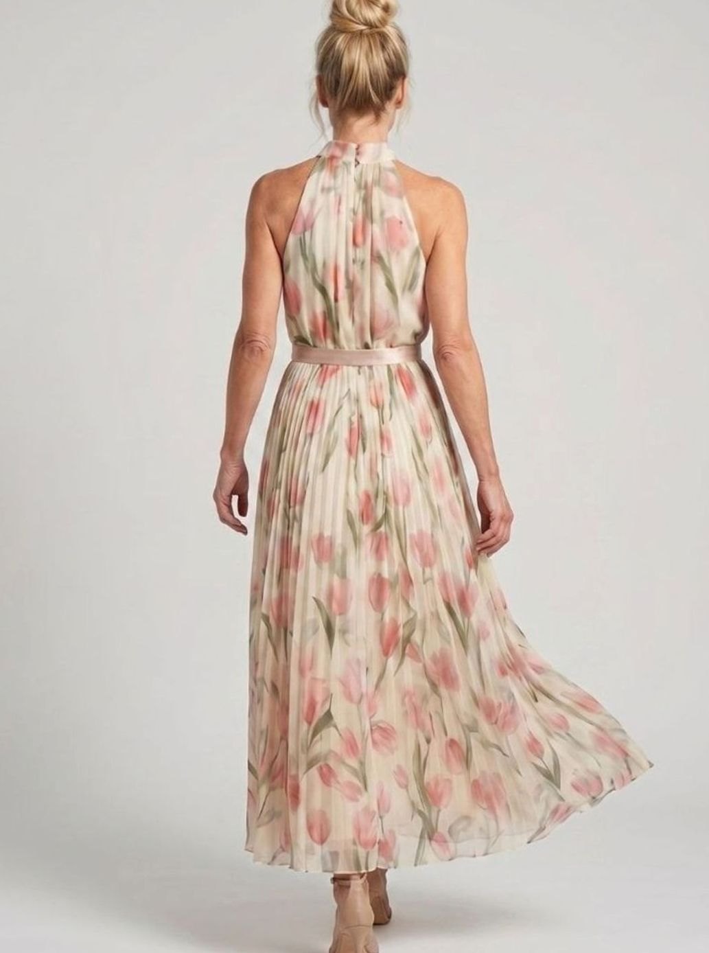 Women's Floral Halter Neck Pleated Chiffon Midi Dress, Cream