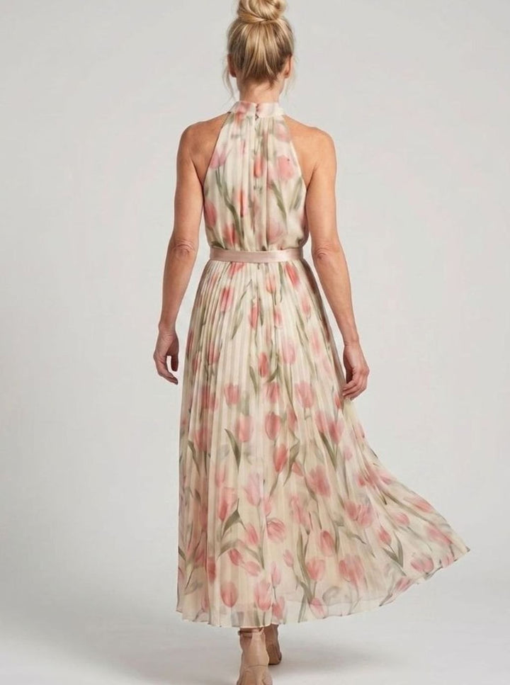 Women's Floral Halter Neck Pleated Chiffon Midi Dress, Cream