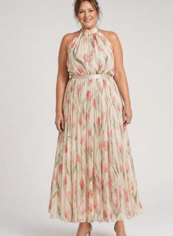 Women's Floral Halter Neck Pleated Chiffon Midi Dress, Cream