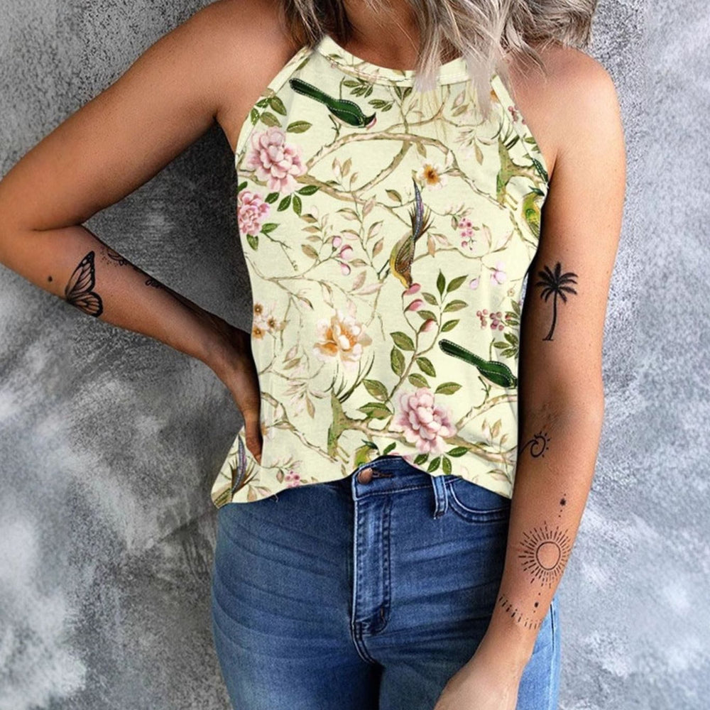 Women's Floral Halter-Neck Sleeveless Top Cotton Blend