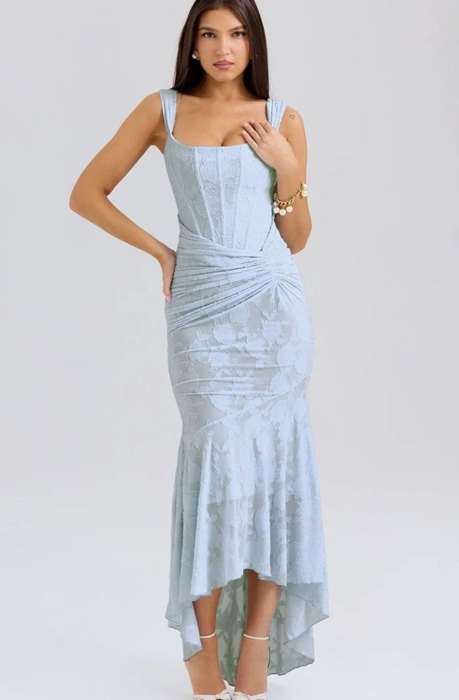 Women's Floral Jacquard Corset Mermaid Midi Party Dress, Baby Blue