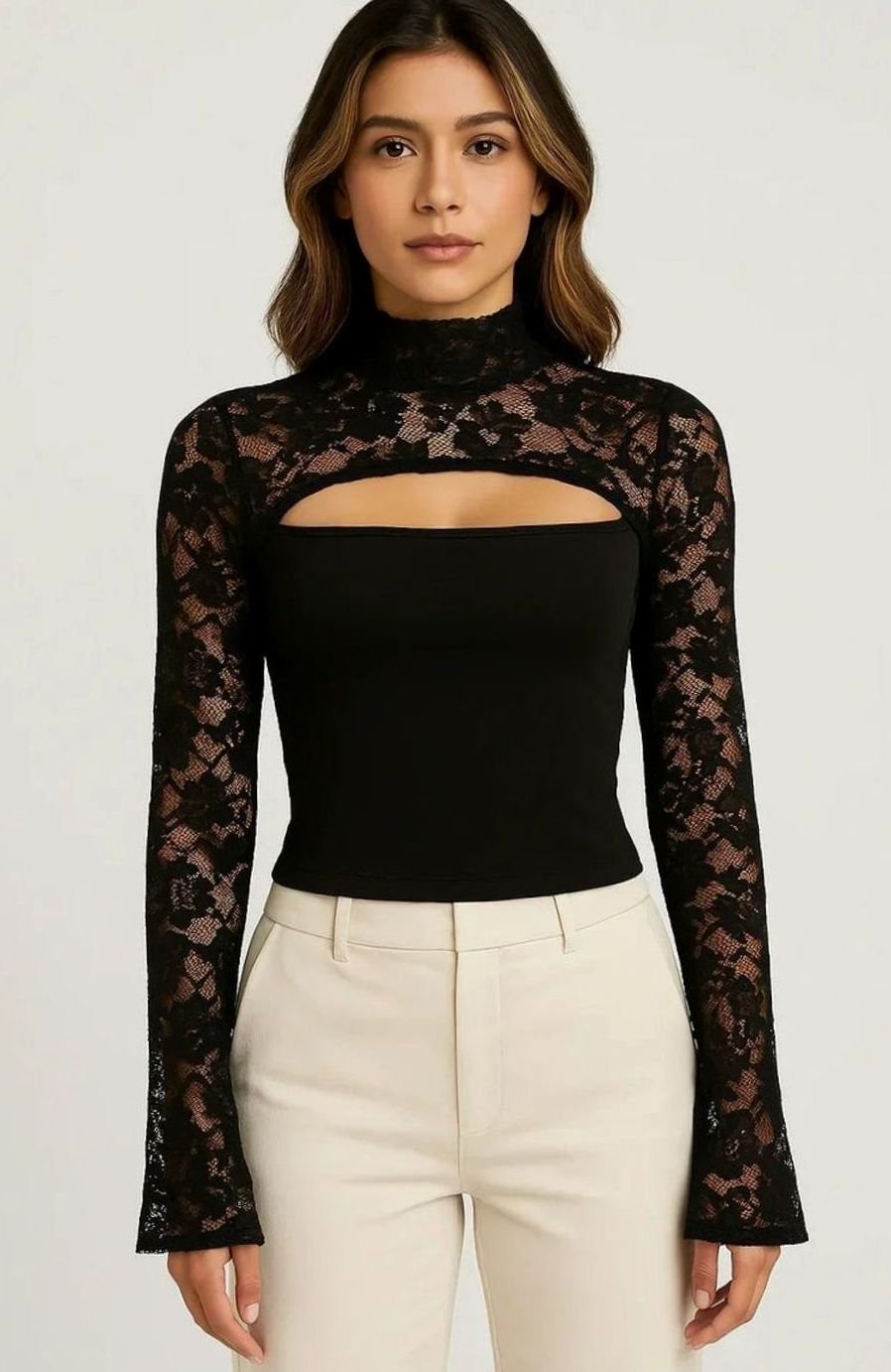 Women's Floral Lace Cut-Out Flare-Sleeve Crop Top