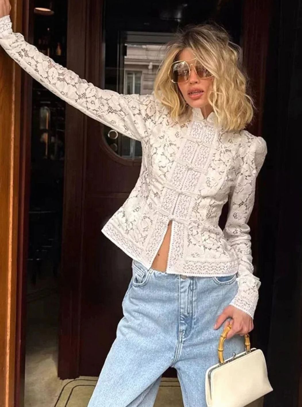 Women's Floral Lace Long-Sleeve Roll-Neck Vintage Blouse