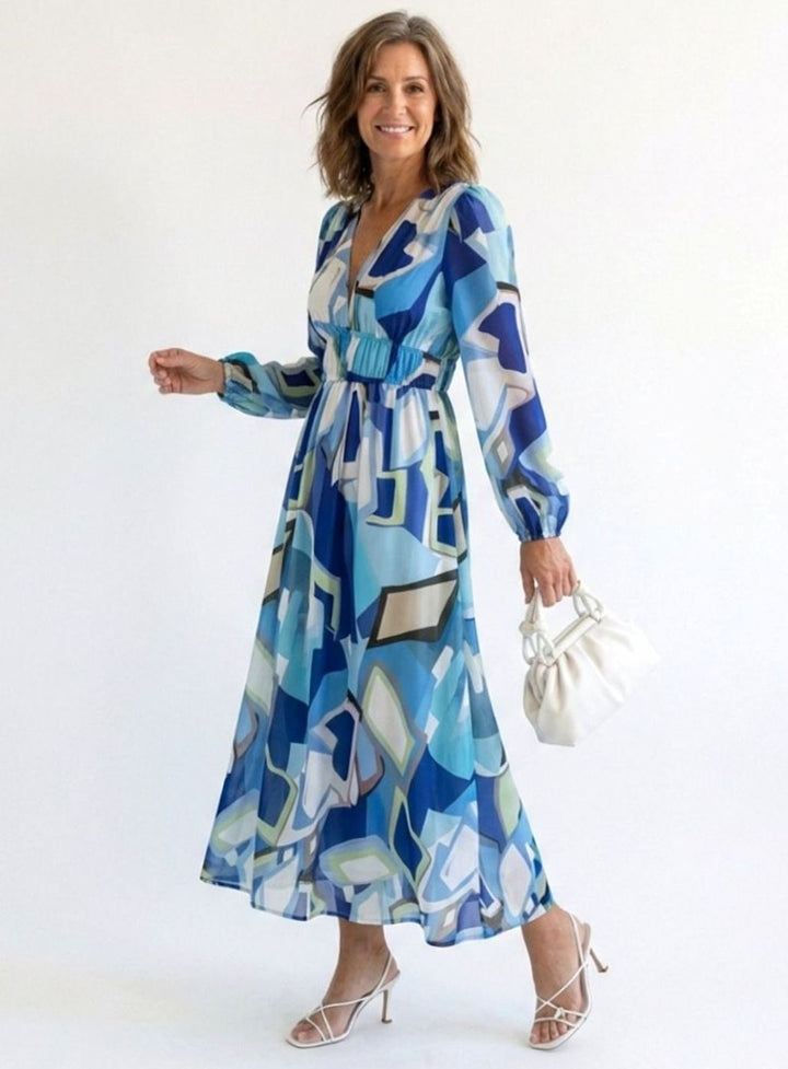 Women's Floral Long Sleeve Chiffon Maxi Dress V-Neck Tiered