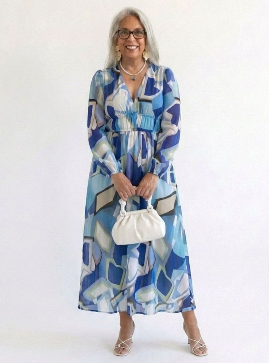 Women's Floral Long Sleeve Chiffon Maxi Dress V-Neck Tiered