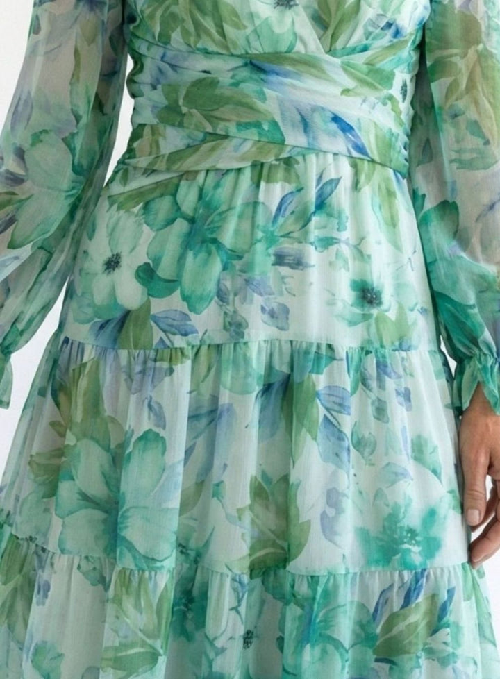 Women's Floral Long Sleeve Chiffon Maxi Dress V-Neck Tiered
