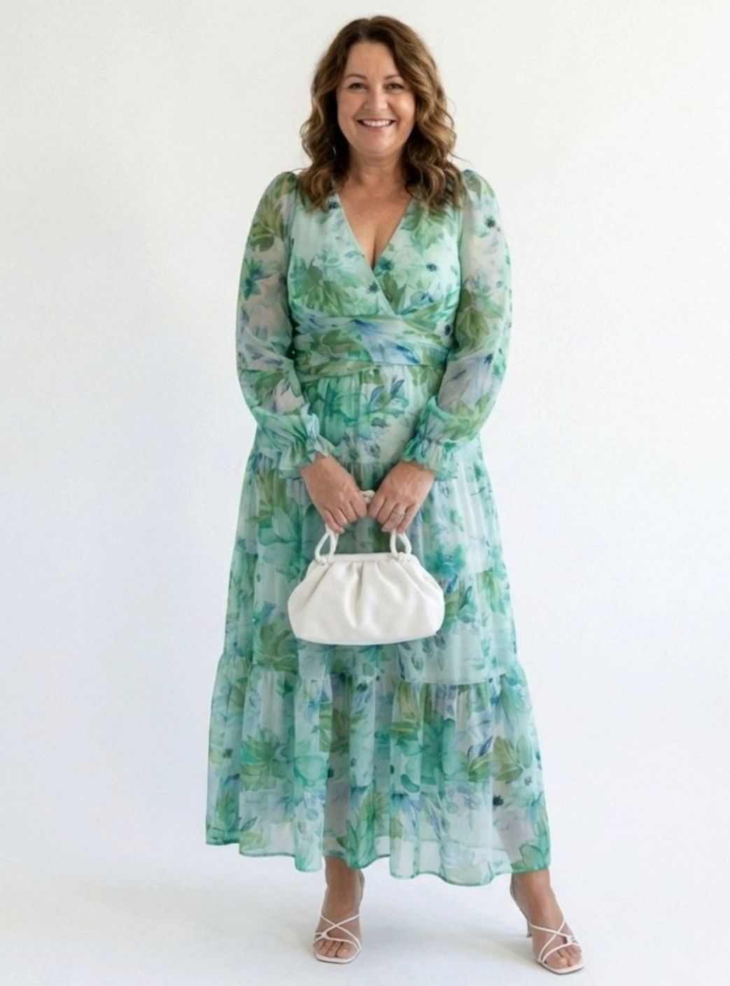 Women's Floral Long Sleeve Chiffon Maxi Dress V-Neck Tiered