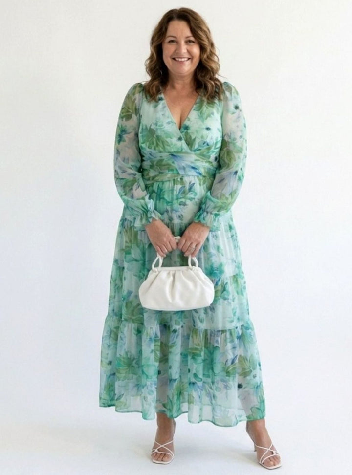 Women's Floral Long Sleeve Chiffon Maxi Dress V-Neck Tiered