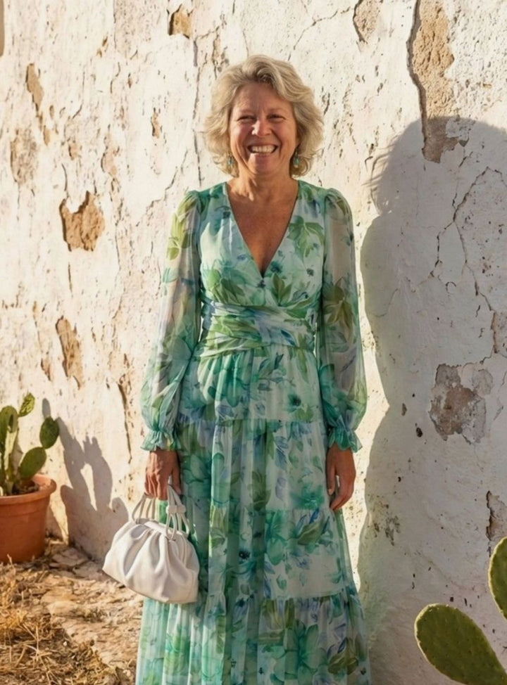 Women's Floral Long Sleeve Chiffon Maxi Dress V-Neck Tiered