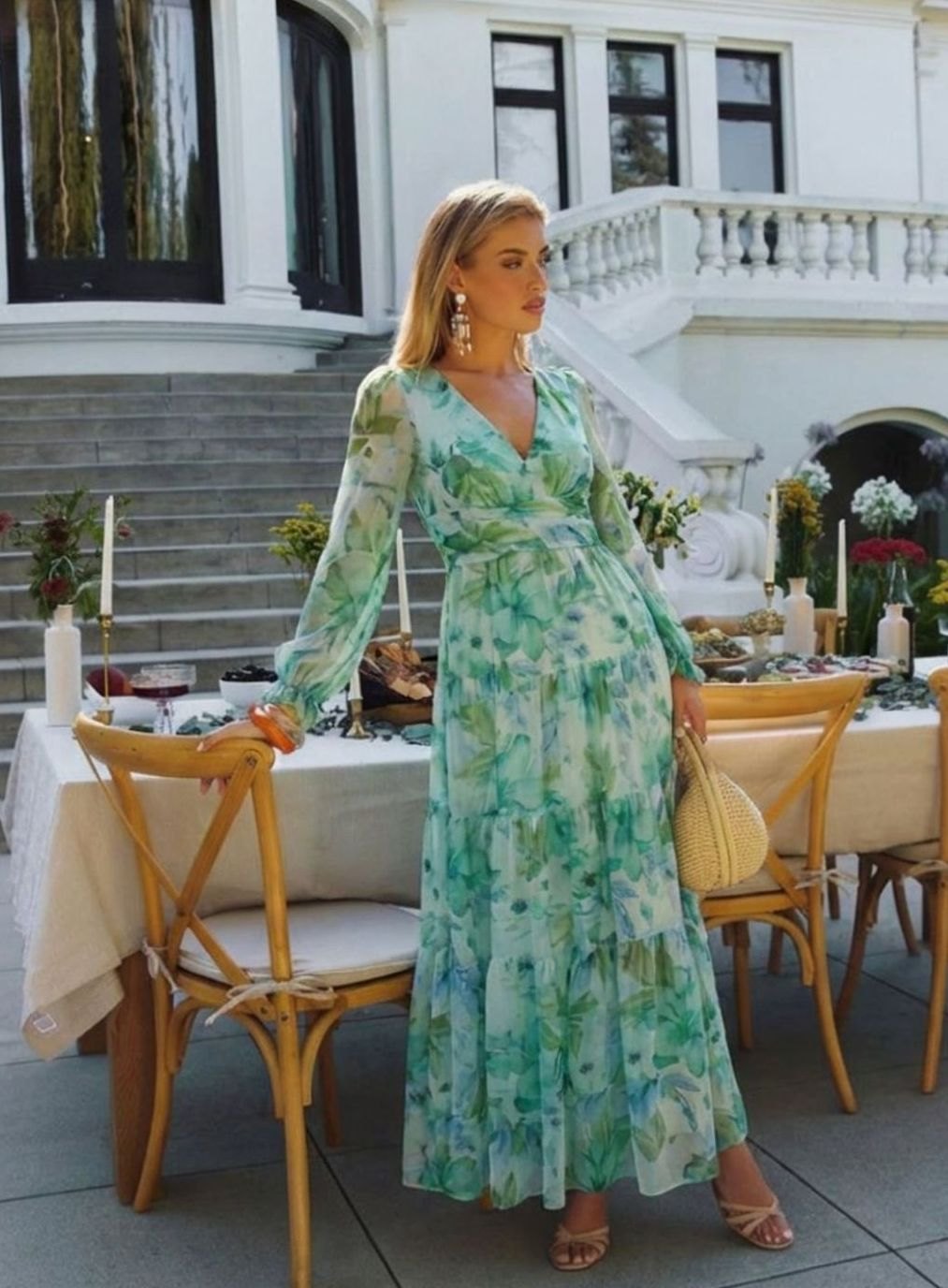 Women's Floral Long Sleeve Chiffon Maxi Dress V-Neck Tiered