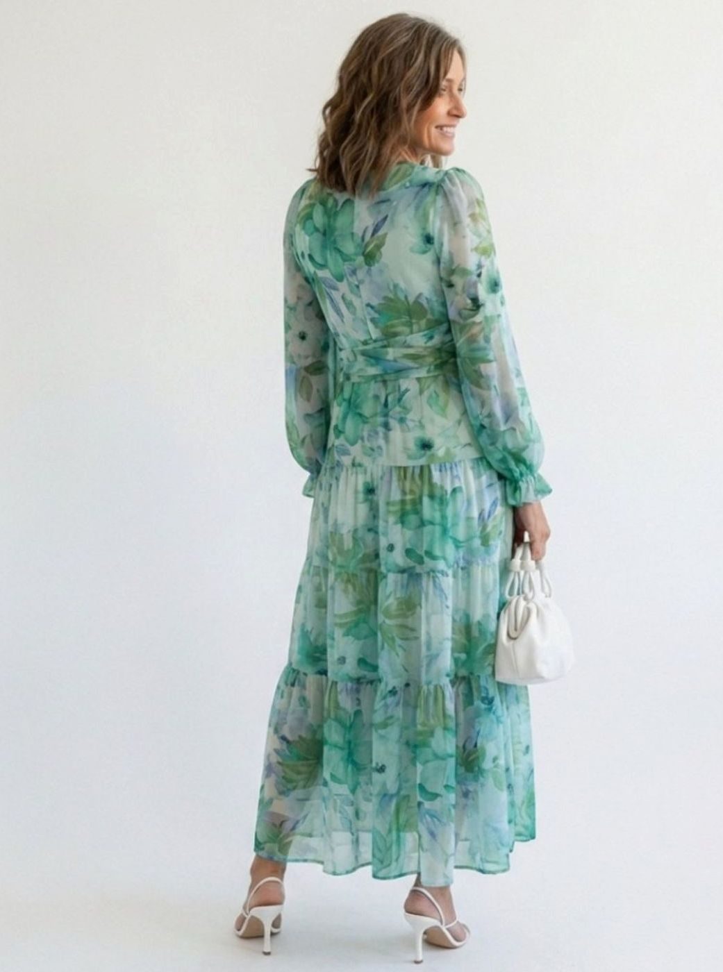 Women's Floral Long Sleeve Chiffon Maxi Dress V-Neck Tiered