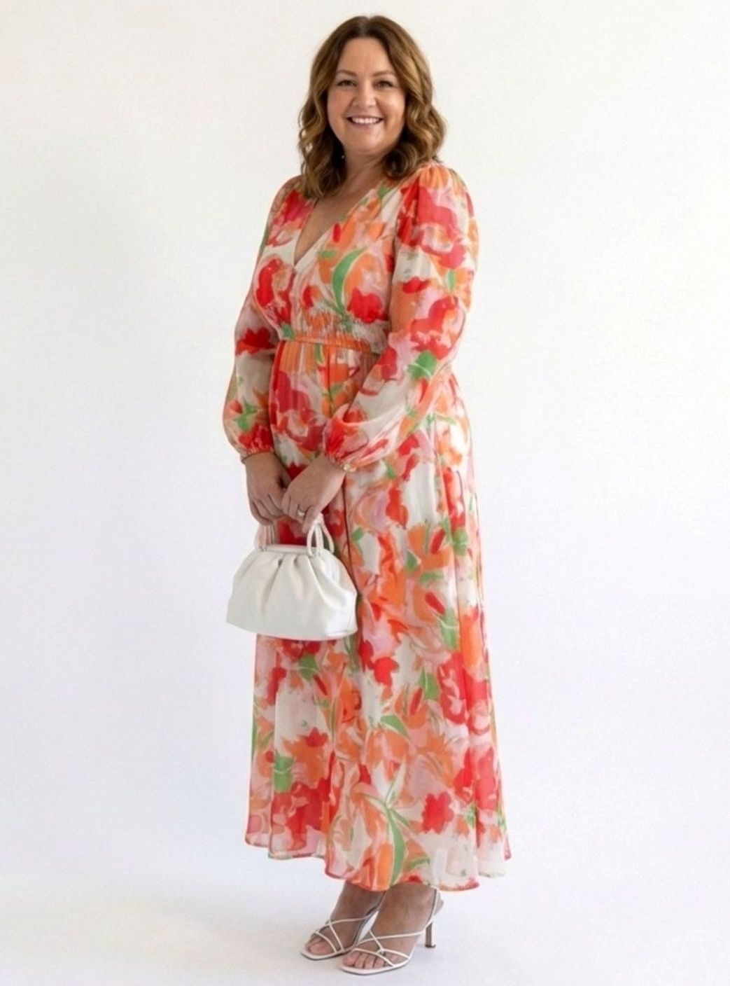 Women's Floral Long Sleeve Chiffon Maxi Dress V-Neck Tiered