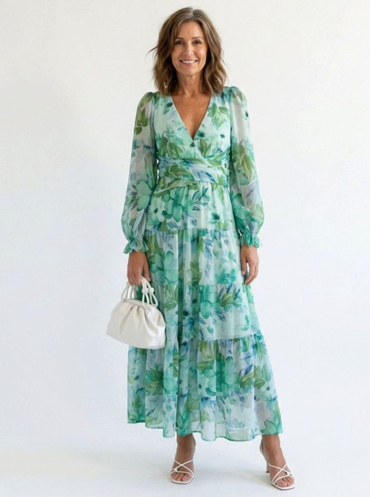 Women's Floral Long Sleeve Chiffon Tiered Maxi Dress