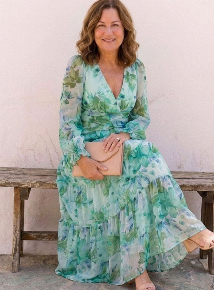 Women's Floral Long Sleeve Chiffon Tiered Maxi Dress
