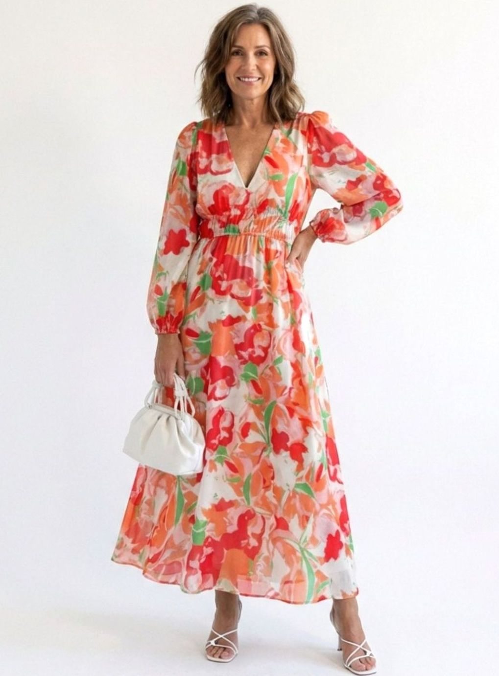 Women's Floral Long Sleeve Chiffon Tiered Maxi Dress