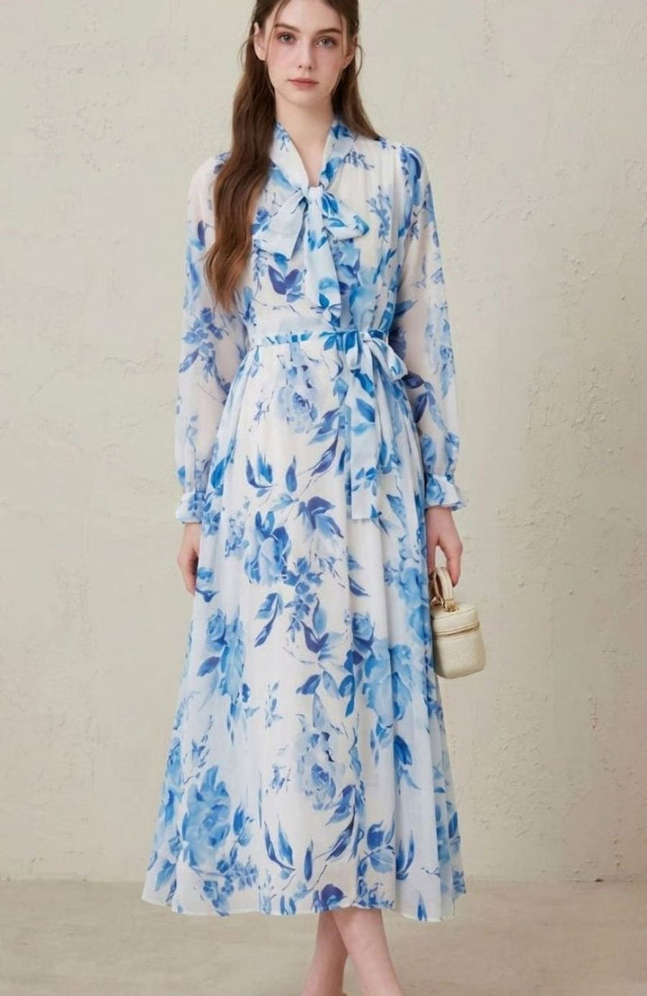 Women's Floral Maxi Dress Long Sleeve Belted Wedding Guest