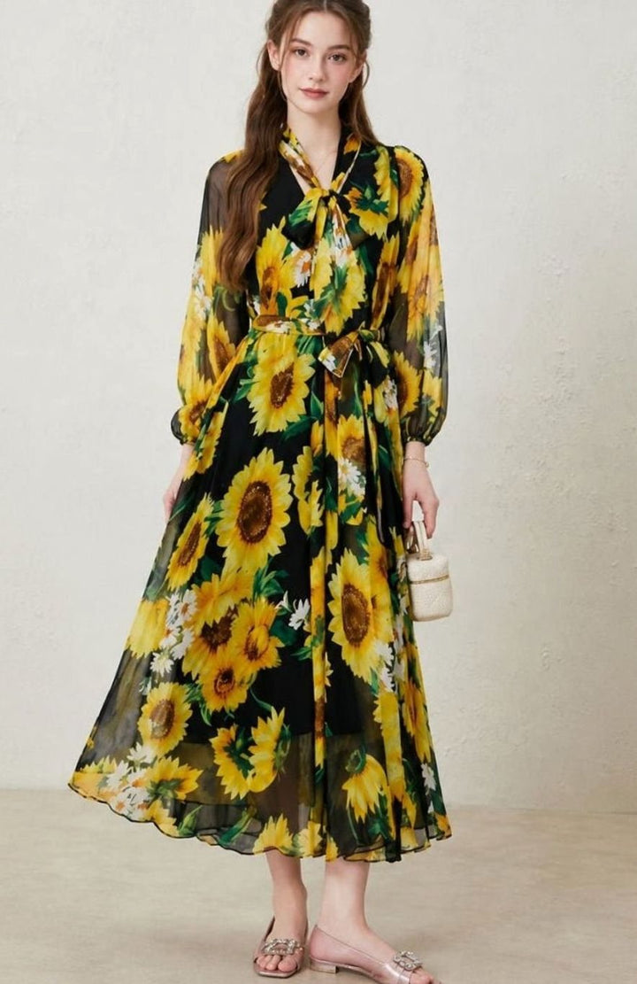 Women's Floral Maxi Dress Long Sleeve Belted Wedding Guest