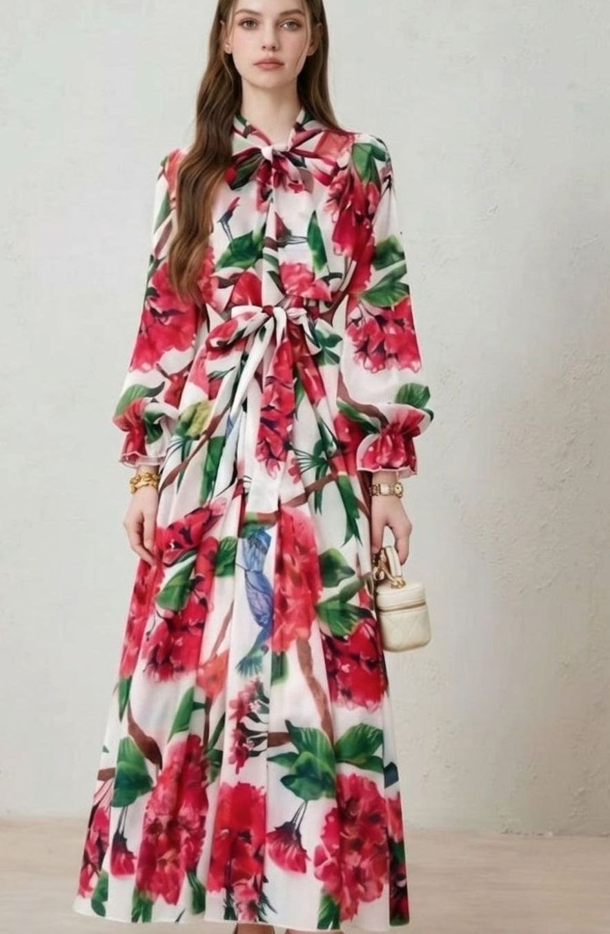 Women's Floral Maxi Dress Long Sleeve Belted Wedding Guest, Pink