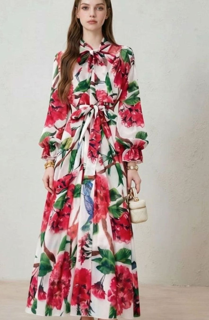 Women's Floral Maxi Dress Long Sleeve Belted Wedding Guest, Pink