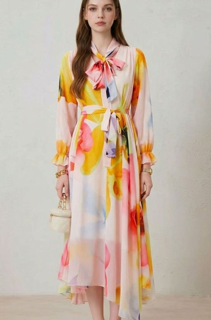 Women's Floral Maxi Dress Long Sleeve Belted Wedding Guest, Pink