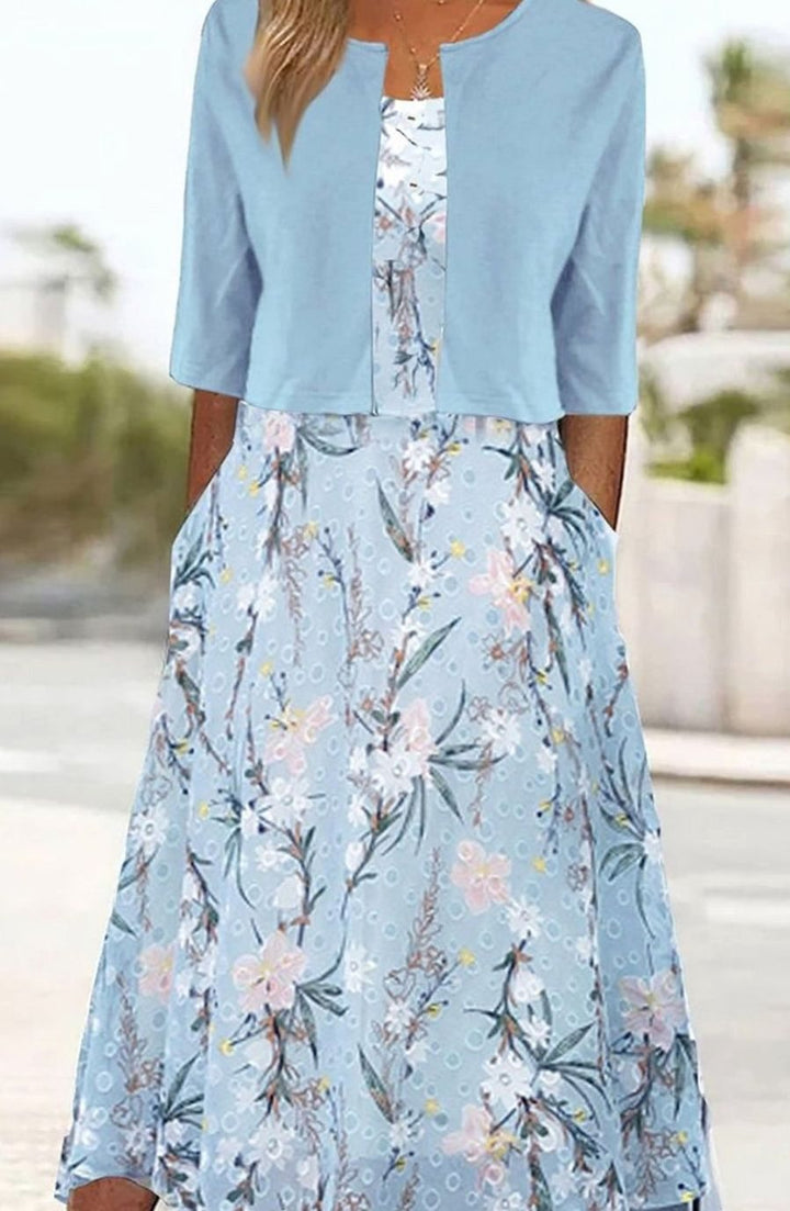 Women's Floral Midi Dress Cropped Cardigan Two-Piece Set