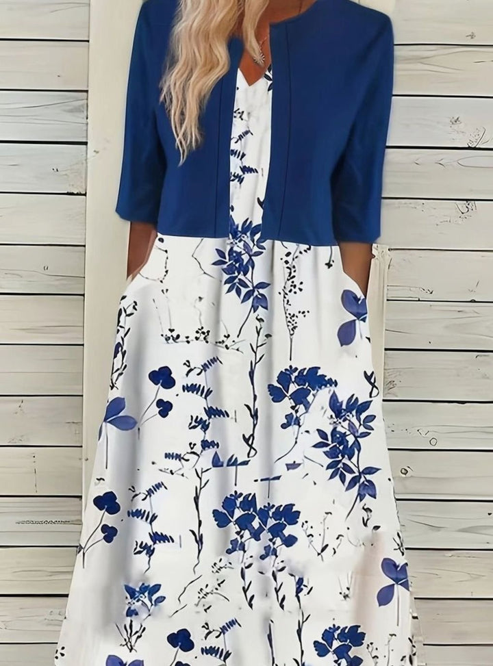 Women's Floral Midi Dress Cropped Cardigan Two-Piece Set, Sky Blue