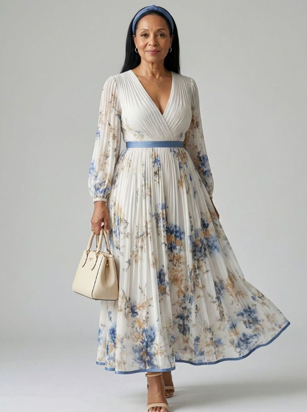 Women's Floral Pleated Wrap V-Neck Long Sleeve Midi Dress