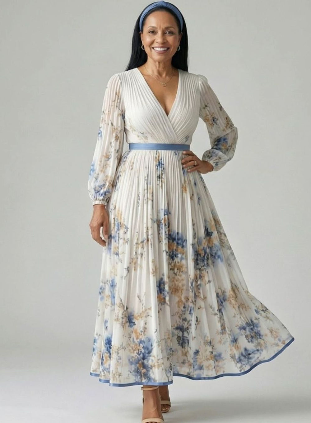 Women's Floral Pleated Wrap V-Neck Long Sleeve Midi Dress