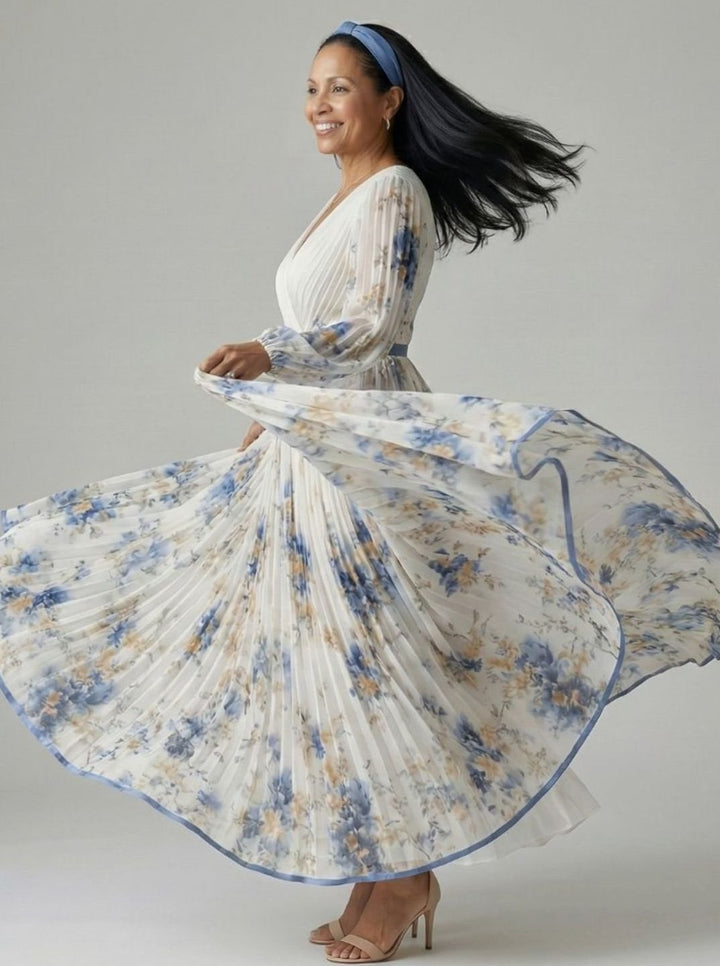 Women's Floral Pleated Wrap V-Neck Long Sleeve Midi Dress