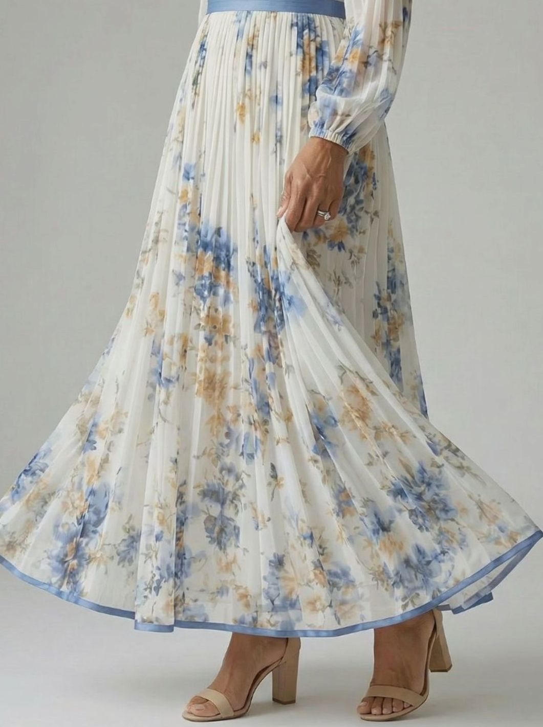 Women's Floral Pleated Wrap V-Neck Long Sleeve Midi Dress
