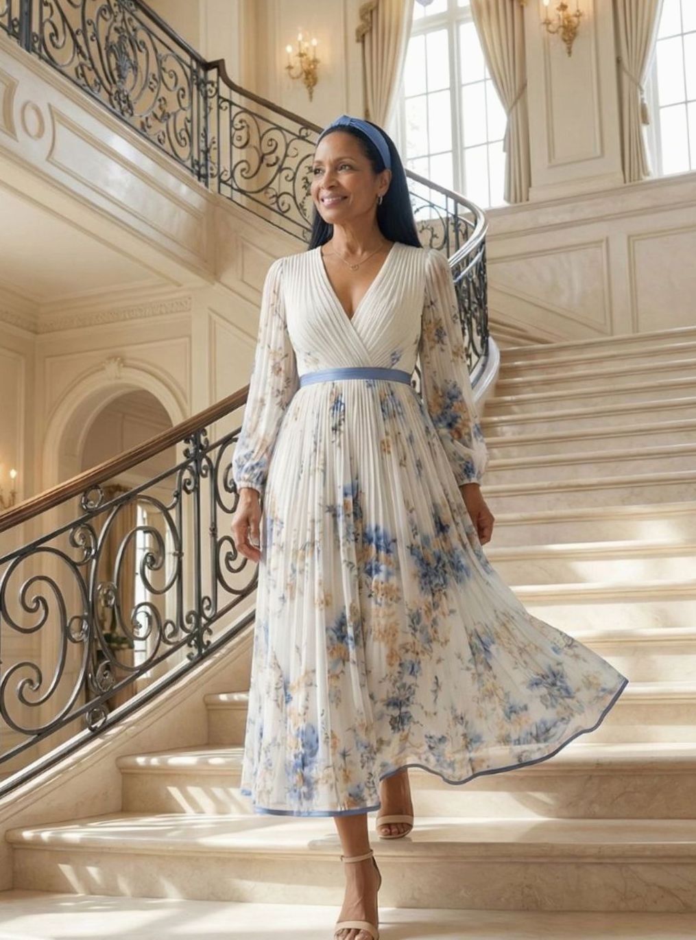 Women's Floral Pleated Wrap V-Neck Long Sleeve Midi Dress
