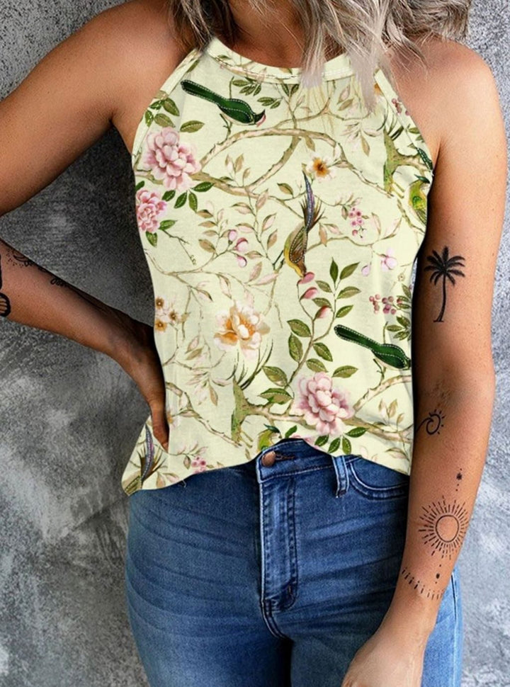Women's Floral Print Halter-Neck Sleeveless Top - Yellow