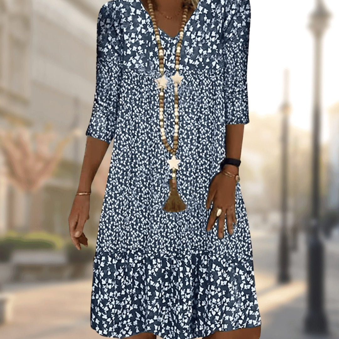 Women's Floral Print V-Neck Three-Quarter Sleeve Midi Dress - Blue