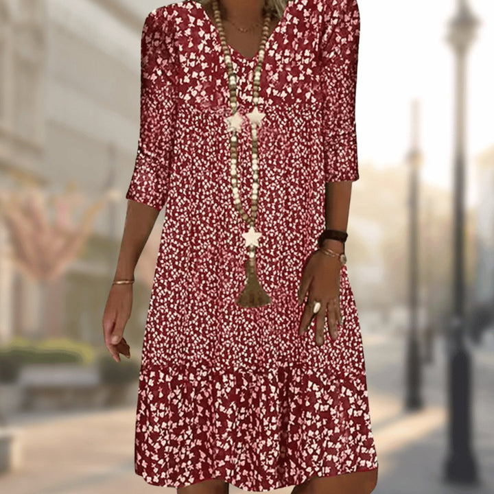 Women's Floral Print V-Neck Three-Quarter Sleeve Midi Dress - Red