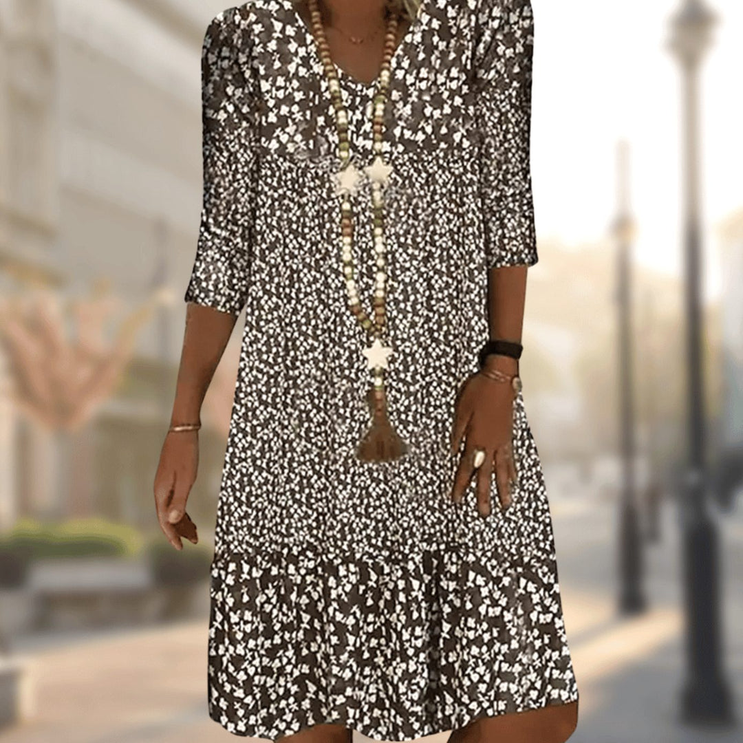 Women's Floral Print V-Neck Three-Quarter Sleeve Midi Dress - Brown