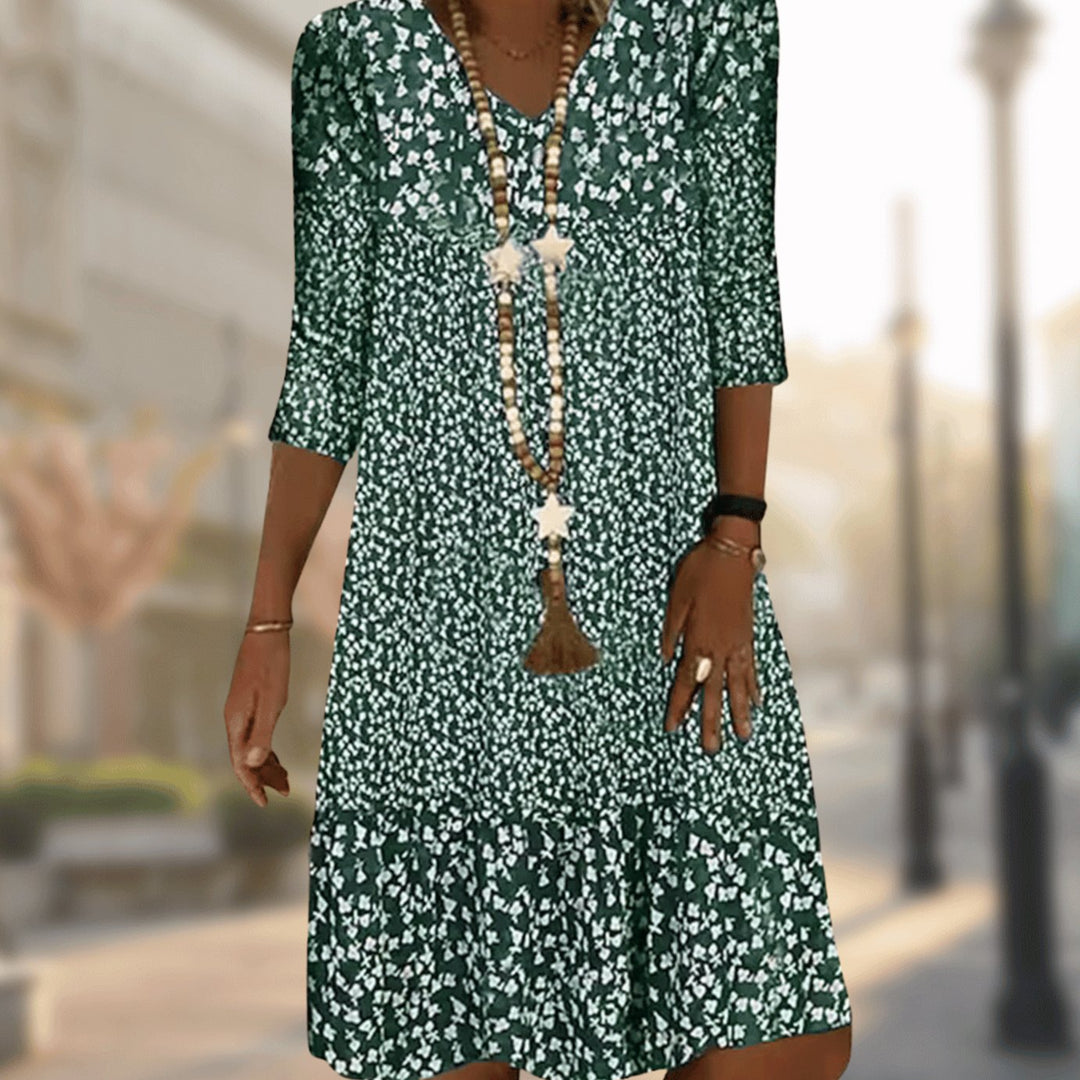 Women's Floral Print V-Neck Three-Quarter Sleeve Midi Dress - Green