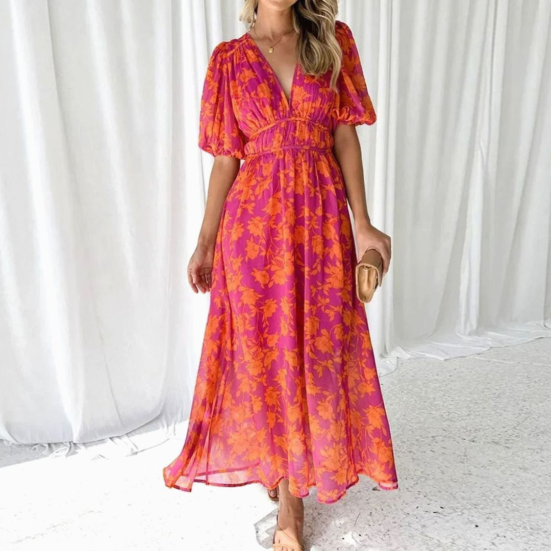 Women's Floral Puff Sleeve V-Neck Midi Day Dress